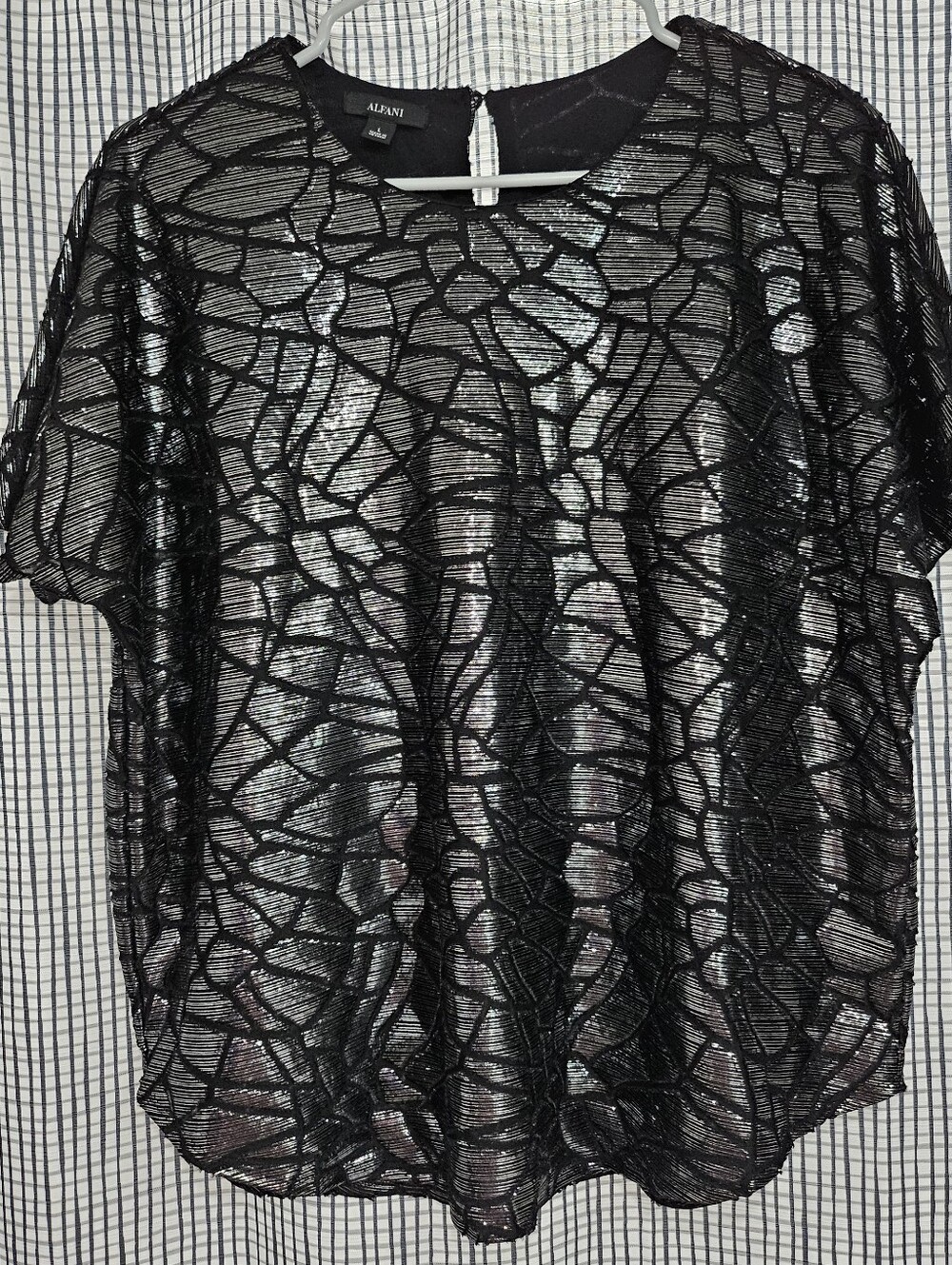 Alfani Metallic Foil Textured Short Sleeve Blouse L